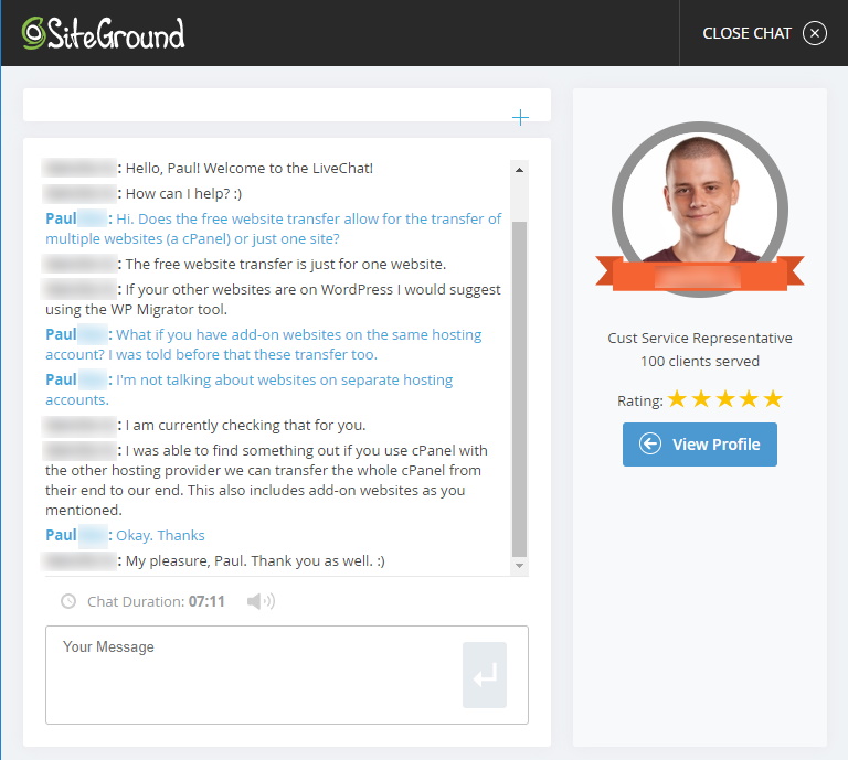 SiteGround Live Chat Support