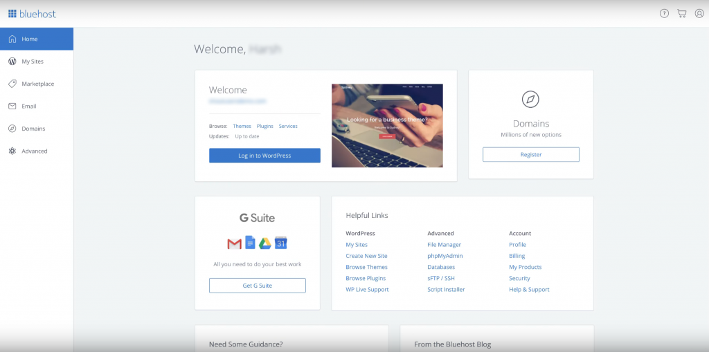 Bluehost Home Dashboard