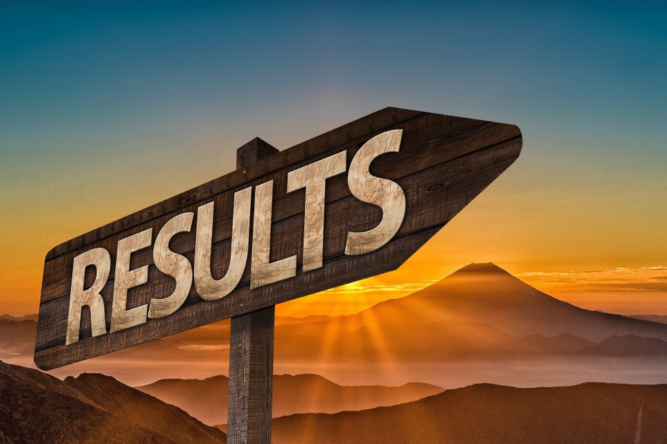 Wooden sign with the word "results" written on it