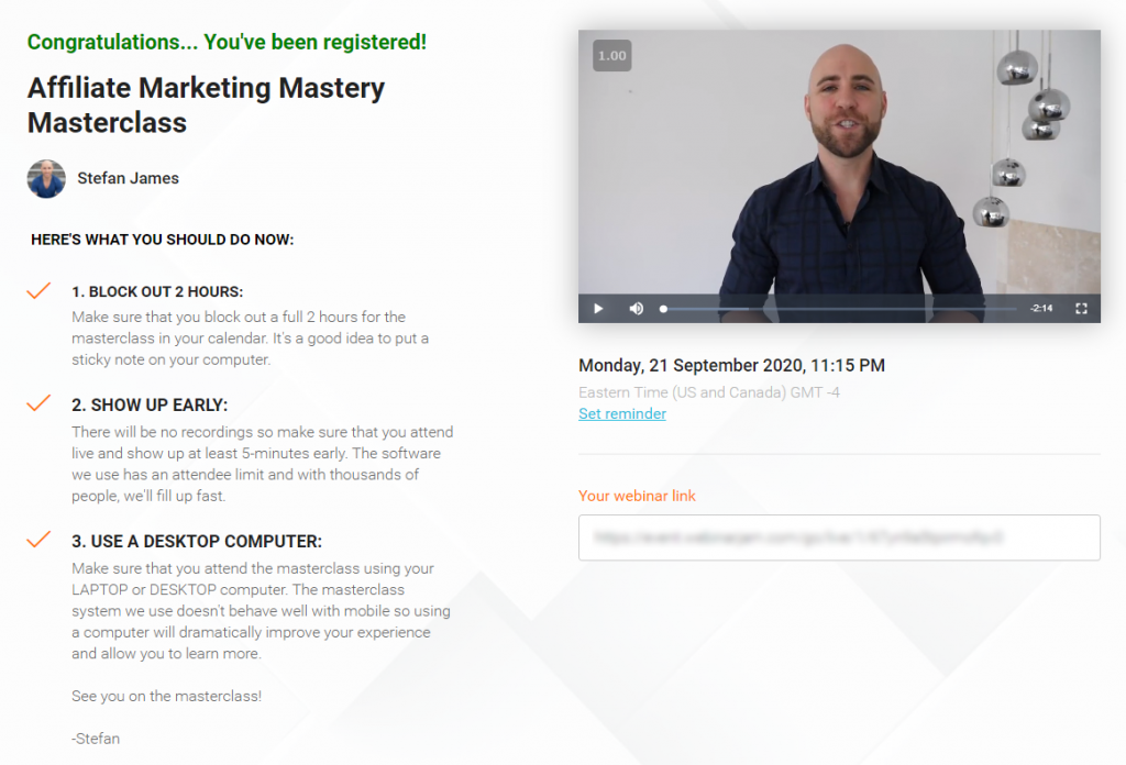Affiliate Marketing Mastery MasterClass Confirmation Page