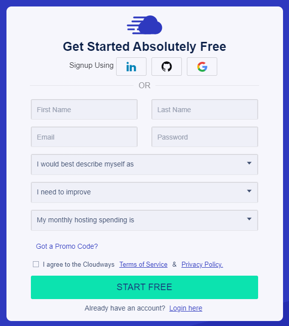 Cloudways Trial Signup Window