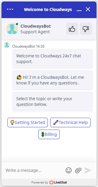 Cloudways Live Chat Window